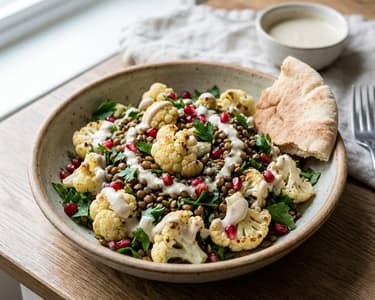 Lentil Salad with Roasted Cauliflower and Tahini Dressing