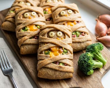 Mummy parcels with broccoli, ham, and cheese