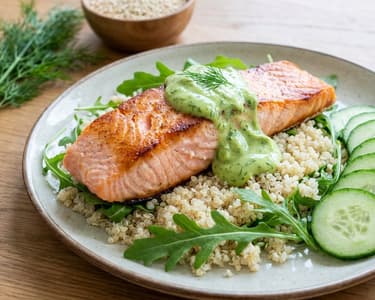 Salmon with Quinoa and Avocado Sauce
