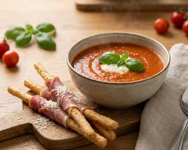 Supă de roșii coapte cu grisine și prosciutto