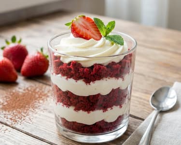 Red Velvet Dessert in a Glass with Mascarpone and Strawberries
