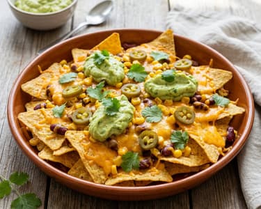 Platou de nachos la cuptor cu dip de avocado și fasole