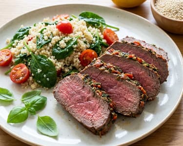 Beef Steak with Quinoa and Spinach