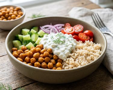 Bowl with baked chickpeas and whole grain rice