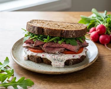 Sandviș cu roast beef și sos de ridichi