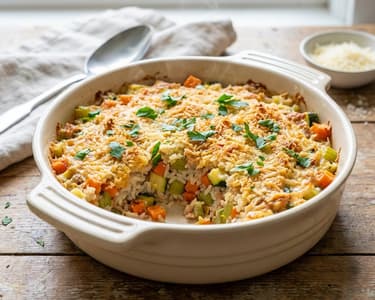 Budincă de ton cu orez și legume la cuptor