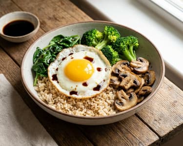 Rice bowl with egg and spinach
