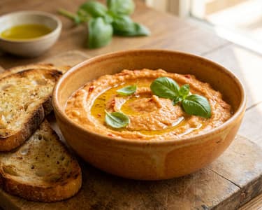 Pastă de ardei copți cu fasole albă și busuioc