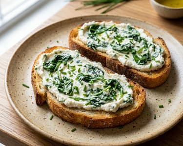 Toast cu ricottă bătută și spanac baby