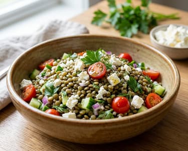 Salată de linte neagră cu brânză telemea și rucola