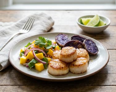 Scoici Saint Jacques cu salată de mango și cartofi mov