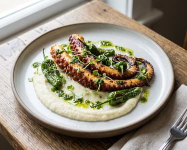 Caracatiță la grătar cu piure de conopidă și ardei Padrone