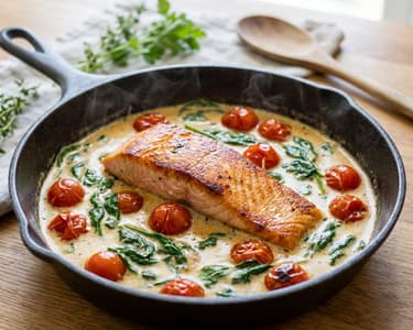 Somon în sos cremos cu roșii cherry și spanac