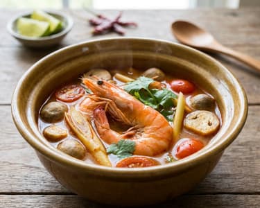 Tom Yum Goong (Supă thailandeză picantă și acrișoară cu creveți)