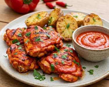 Pui la grătar în marinadă roșie cu cartofi noi