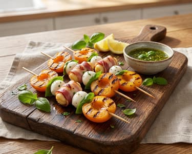 Frigărui la grătar cu caise, pancetta și brânză afumată