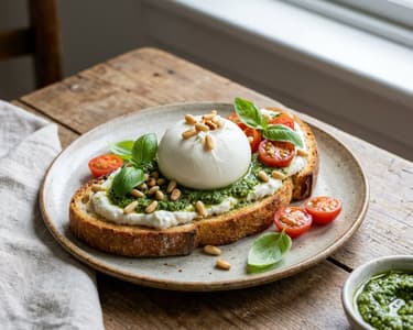 Pâine proaspătă cu pesto, burrata și muguri de pin