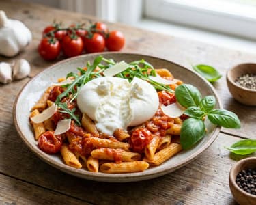 Penne proaspete pomodoro cu burrata