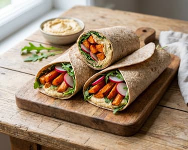 Wrap-uri integrale cu morcovi copți, hummus și rucola