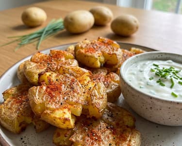 Cartofi zdrobiți crocanți cu dip de smântână