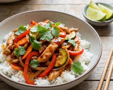 Fâșii de curcan picante cu sos sriracha și legume