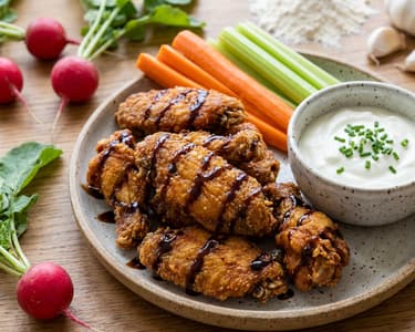 Fried chicken wings with crudités and sour cream