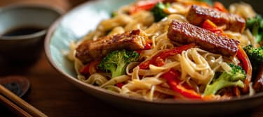 Tăiței de orez stir-fry cu tempeh și legume