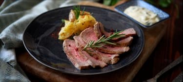 Steak de vită cu cartofi copți și maioneză cu coriandru