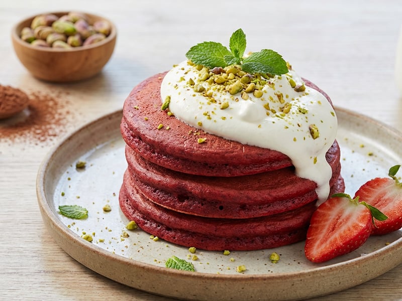 Clătite red velvet cu frișcă și fistic