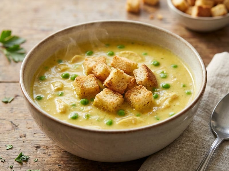 Supă de pui cu curry și mazăre