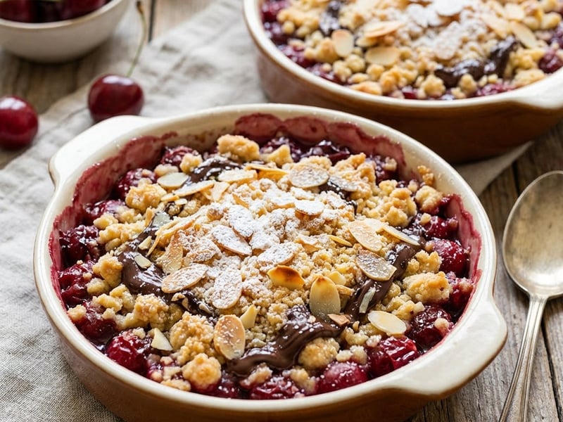 Crumble cu vișine, ciocolată și migdale