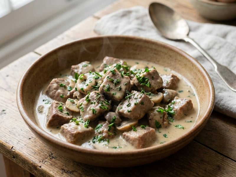 Veal with button mushrooms and white wine sauce