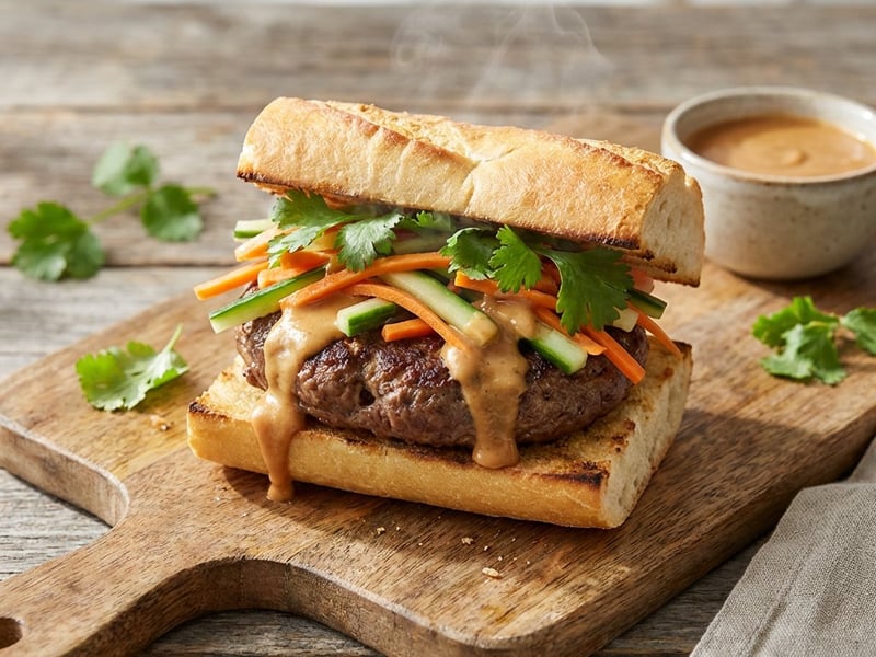 Burger asiatic cu sos de arahide și legume marinate