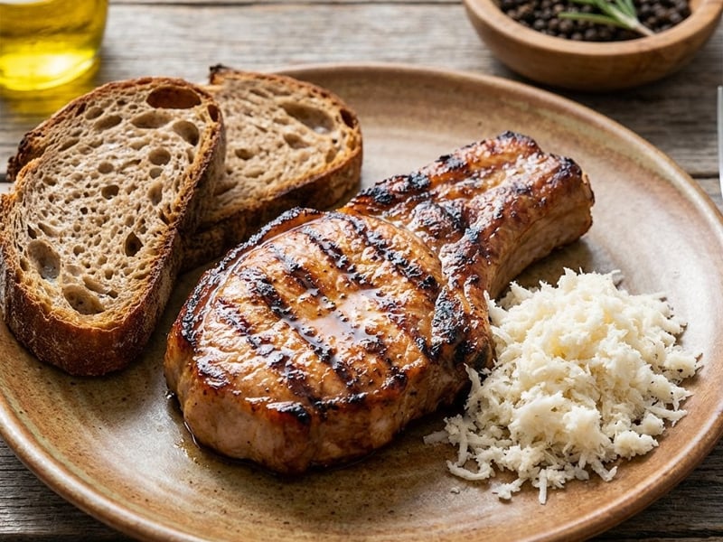 Grilled Pork Chop with Horseradish and Bread