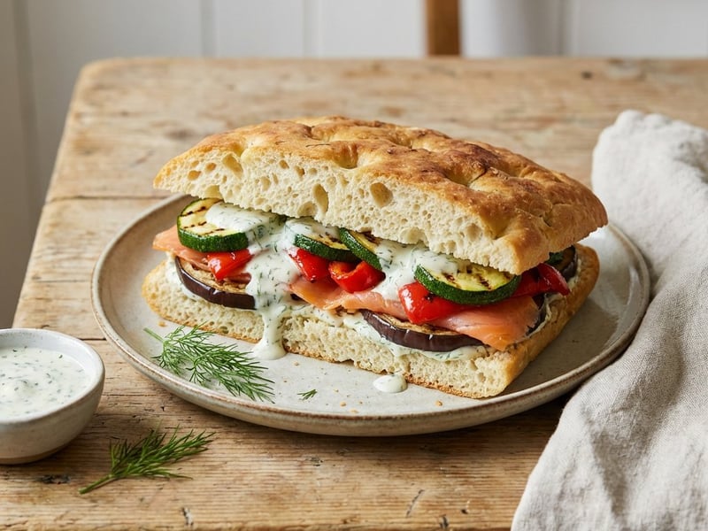 Focaccia cu legume la grătar, somon afumat și remuladă de mărar