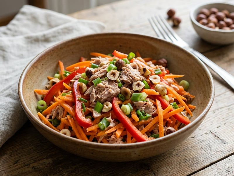 Carrot salad with tuna and hazelnuts