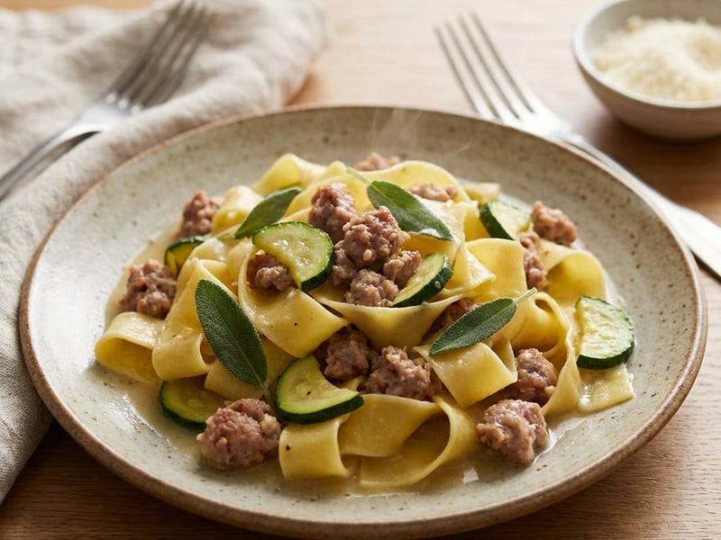 Pappardelle cu salsiccia, dovlecel și salvie