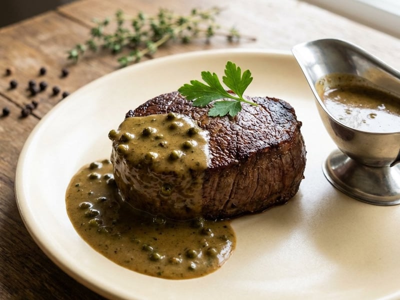 Steak with Green Peppercorn Sauce