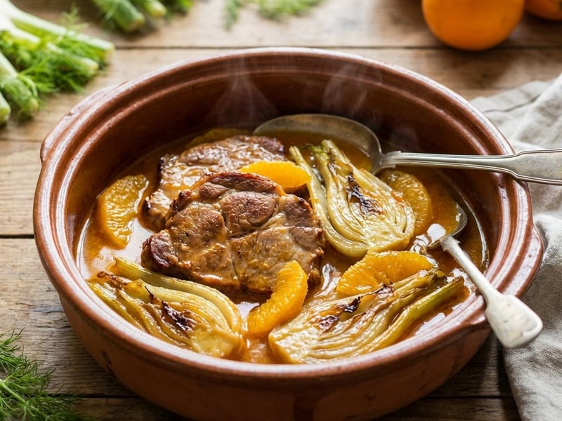 Ceafă de porc cu fenicul și portocale