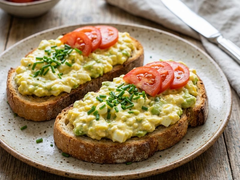Pastă de ouă cu avocado și roșii pe toast