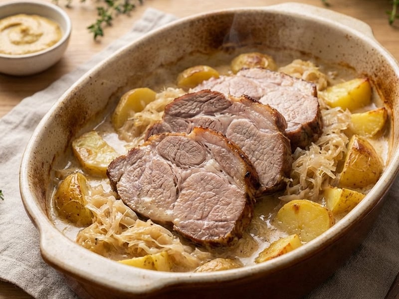 Pork Neck with Sauerkraut and Baked Potatoes