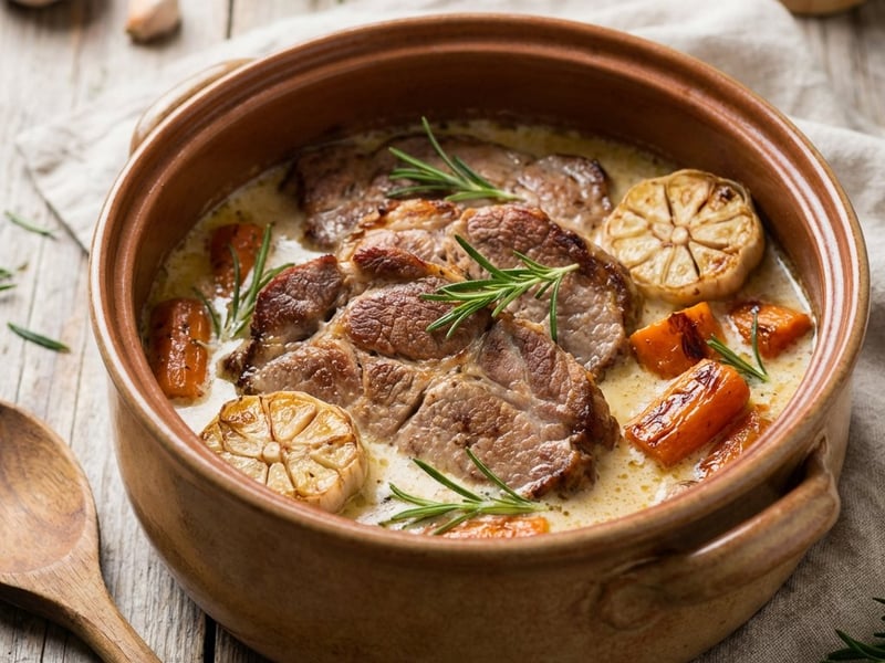 Ceafă de porc cu rozmarin coaptă în lapte
