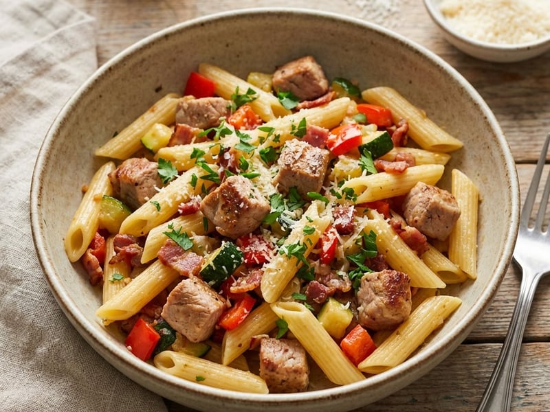 Penne cu porc și legume la tigaie