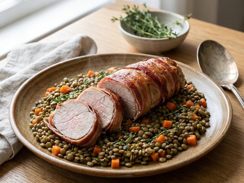 Mușchiuleț de porc cu pancetta și linte verde
