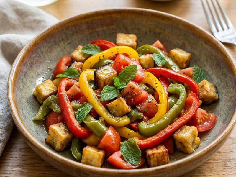 Salată mediteraneană cu ardei copți și vinete