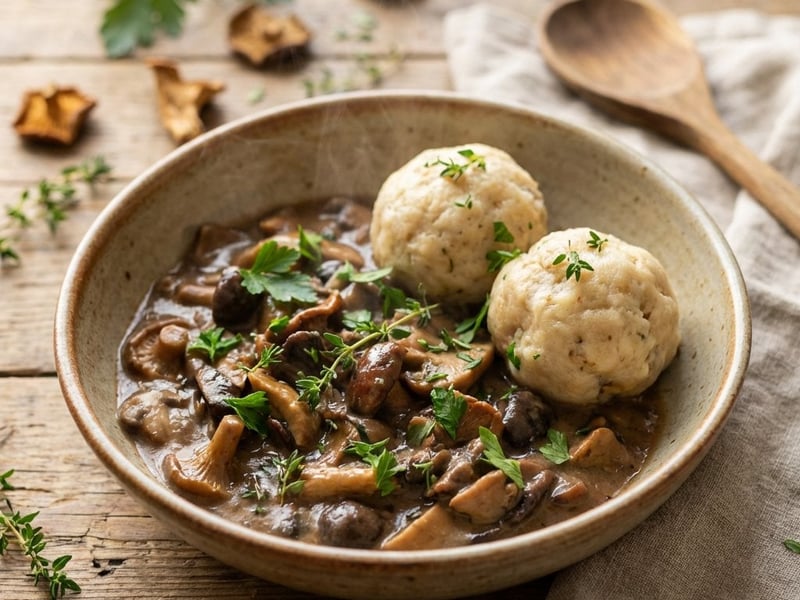 Mushroom ragout with homemade dumplings