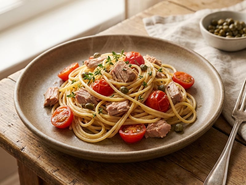 Spaghete cu ton și roșii cherry