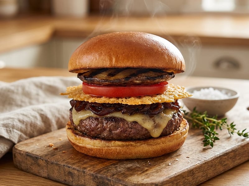 Burger Savuros cu Ceapă Caramelizată și Chips de Parmezan