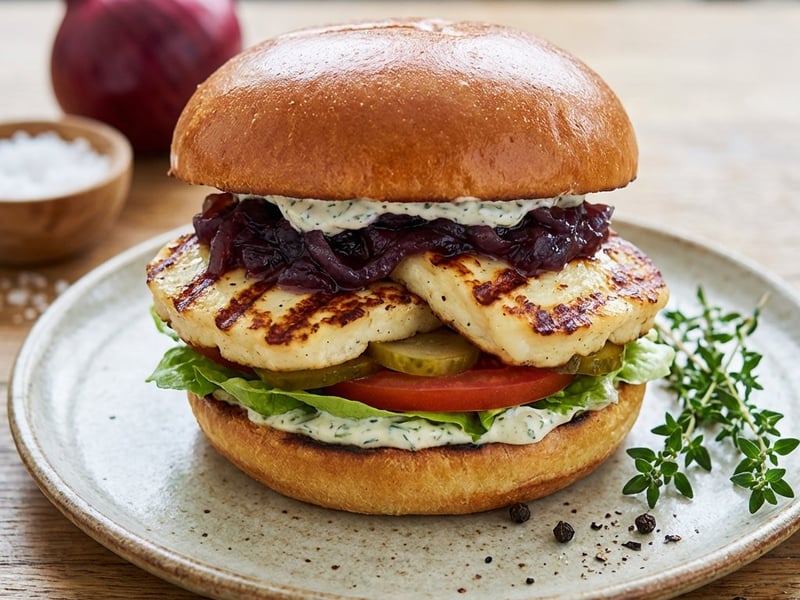 Burger cu Halloumi și chutney de ceapă roșie
