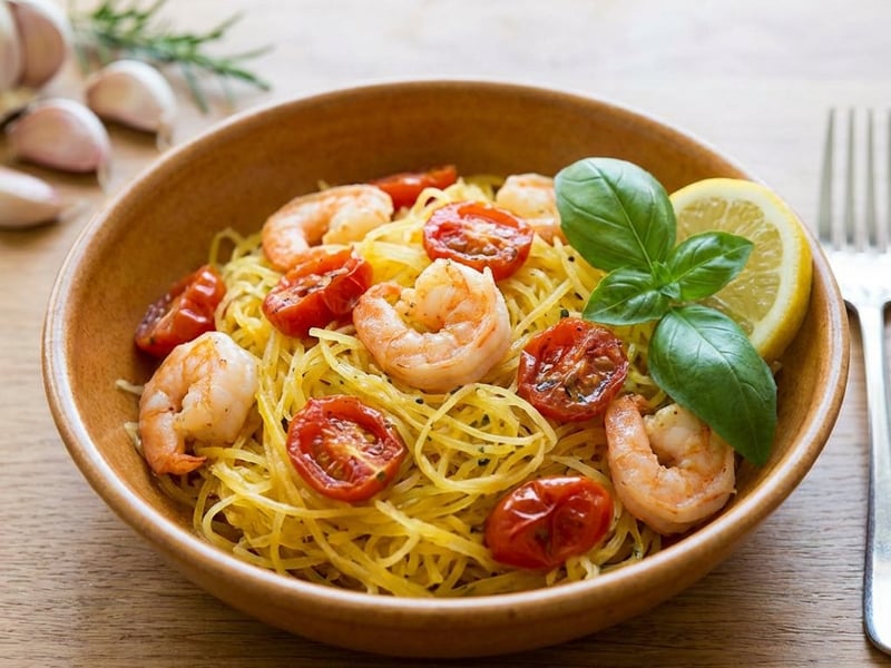 Dovleac spaghetti cu creveți și roșii cherry